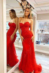 2024 Strapless Long Lace Prom Dresses Red UK Mermaid Appliques
