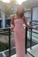 Strapless Pink Sheath Long Satin Prom Dress Lady Dress for Special Occasion