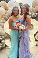 Classy Red Strapless Satin Mermaid Long Prom Dress with Slit