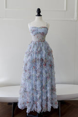 Pretty Straps Blue Floral Print Ruched Long Formal Evening Dresses