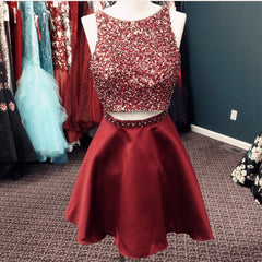 Stunning Beaded Satin Homecoming Dresses Two Piece Prom Gowns Short