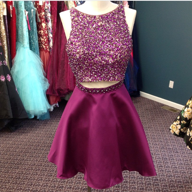 Stunning Beaded Satin Homecoming Dresses Two Piece Prom Gowns Short