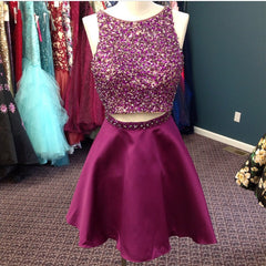 Stunning Beaded Satin Homecoming Dresses Two Piece Prom Gowns Short