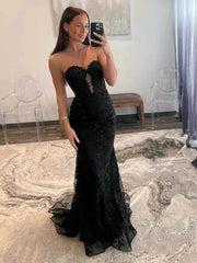 Sweetheart Black Applique Mermaid Prom Dress,AST924