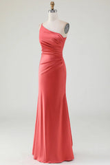 Sheath One Shoulder Floor-Length Pleated Satin Bridesmaid Dress
