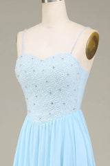 A-Line Spaghetti Straps Chiffon Long Bridesmaid Dress With Beading