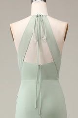 Halter Neck Sheath Pleated Bridesmaid Dress With Slit