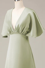 V-Neck Short Sleeves A-Line Satin Bridesmaid Dress