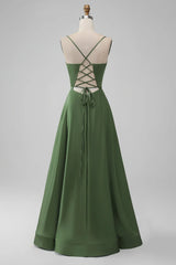 Satin V Neck A-Line Long Bridesmaid Dress