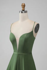 Satin V Neck A-Line Long Bridesmaid Dress