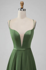 Satin V Neck A-Line Long Bridesmaid Dress