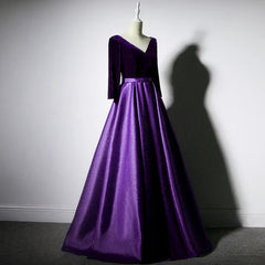 Dark Red Velvet and Satin V-neckline Long Prom Dresses Dark Purple A Line Evening Dress Elegant Wholesale