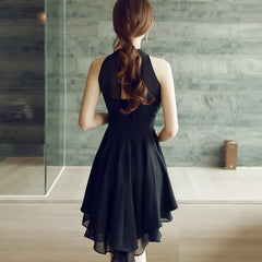 Black High Low Chiffon Halter Women Dress, Cute High Low Women Summer Dress, Black Dresses