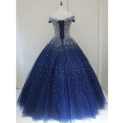 Blue Sparkle Off Shoulder Ball Party Dress Handmade Beaded Party Dress Elegant Prom Dress Evening Dress