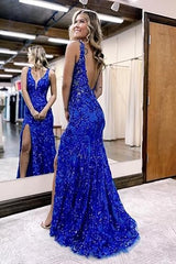 Women's Sparkly Sequin Mermaid Prom Dresses for Teens V Neck Long Formal Evening Party Dresses with Slit Wholesale