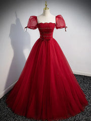 Wine Red Tulle A-line Beaded Long Prom Dress Formal Dress Party Dress Short Sleeves Elegant Evening Dress Wholesale