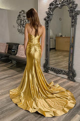 Gold Sweetheart Satin Mermaid Long Prom Dress with Slit Charming Evening Dress Wholesale