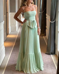 Wholesale Light Green Pleated Tulle Spaghetti Strap Prom Dress Party Dress Charming Evening Dress