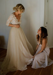 Hot 3/4 Sleeves Lace Floor-Length  V-neck Wedding Dresses