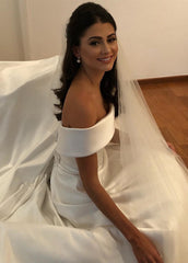New  A-Line/Princess Off-the-Shoulder Satin Long Wedding Dresses