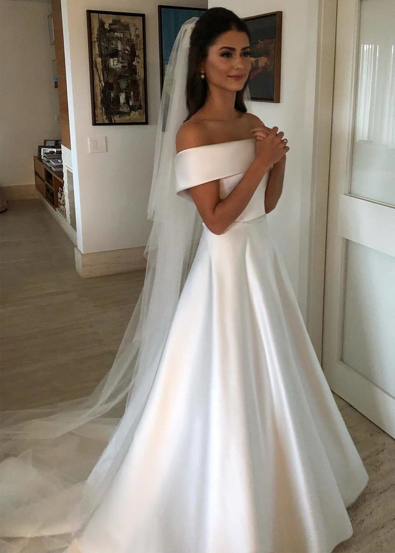 New  A-Line/Princess Off-the-Shoulder Satin Long Wedding Dresses