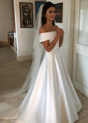 New  A-Line/Princess Off-the-Shoulder Satin Long Wedding Dresses