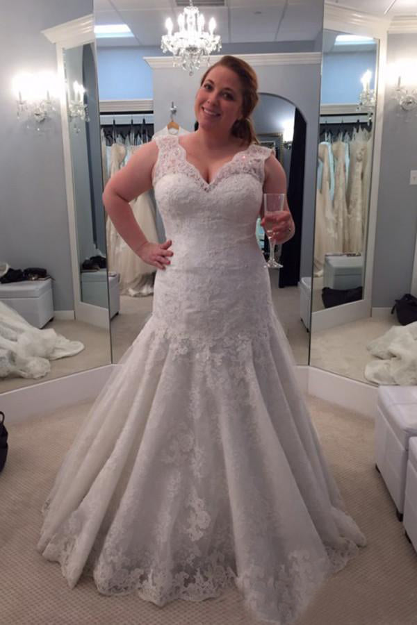 A-Line/Princess Lace V-neck Plus Size Wedding Dresses