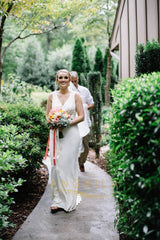 Column V-neck Beaded Floor-length Wedding Dresses