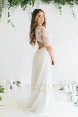 A-Line/Princess Chapel Train Chiffon Lace Wedding Dress With Beading Sequins Bow