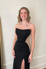 Wholesale Black Strapless Cut Out Sheath Long Prom Dress with Slit Charming Evening Dress