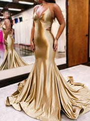 Gold V-Neck Lace-Up Mermaid Long Formal Dress Sexy Evening Dress Party Dress Wholesale