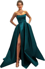 Womens Long Strapless Satin Prom Dress Sleeveless Slit Evening Ball Gown Off Shoulder Party Dress Wholesale