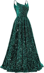 Spaghetti Straps Prom Dresses Sequin Long Formal Ball Gowns Sparkly A-Line Evening Party Gown Wholesale