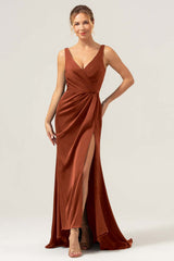 Agave V-Neck Long Bridesmaid Dress with Slit