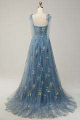 A Line Spaghetti Straps Corset Long Prom Dress With Embroidery Floor Length With Flowers