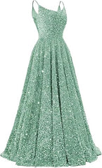 Spaghetti Straps Prom Dresses Sequin Long Formal Ball Gowns Sparkly A-Line Evening Party Gown Wholesale