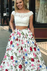 Two Pieces 3D Floral Long Prom Dress With White Lace Top,AST936