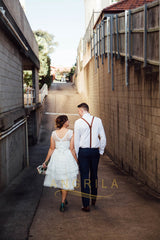 Princess V-neck Lace Tea-length Wedding Dresses