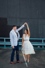 Princess V-neck Lace Tea-length Wedding Dresses