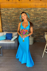 V-neck Open Back Ruched Mermaid Graduation Dress Formal Dresses Long