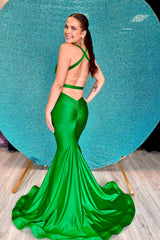 Simple V-neck Green Mermaid Long Prom Dress Open Back