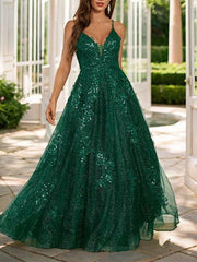 A-Line/Princess Spaghetti Straps Floor-Length Long Prom Dresses V-neck