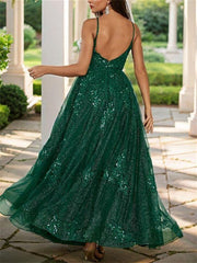 A-Line/Princess Spaghetti Straps Floor-Length Long Prom Dresses V-neck