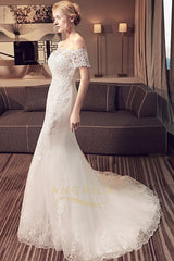 Elegant Trumpet/Mermaid Off-the-Shoulder Short Sleeves Beading Bridal Wedding Dresses