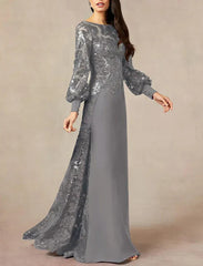 A-Line Mother of the Bride Dress Formal Wedding Guest Elegant Jewel Neck Floor Length Chiffon Sequined Long Sleeve with Sequin Sparkly
