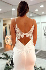 2024 Long V Neck Mermaid Lace White Prom Dress Open Back Formal Evening Dress