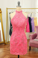 Pink Open Back Halter Lace Tight Homecoming Dress