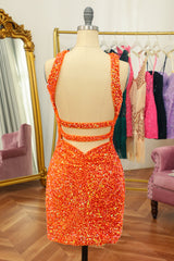 Glitter Orange Halter Backless Sequins Tight Homecoming Dress