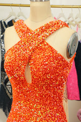 Glitter Orange Halter Backless Sequins Tight Homecoming Dress