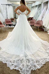 Aimishang Elegant Tulle Spaghetti Straps White Long Boho Wedding Dress with Lace Appliques